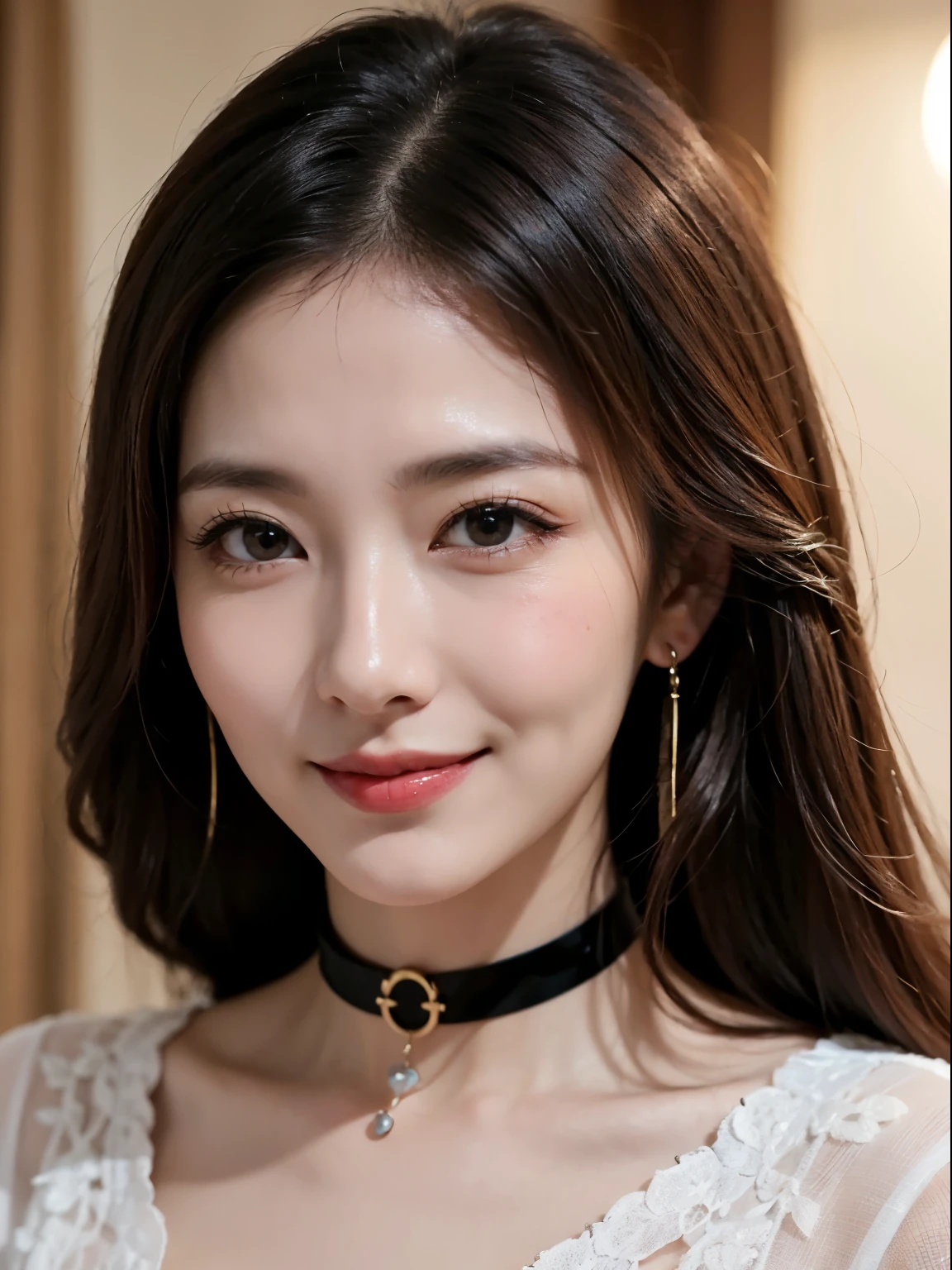 (close up photo:1.3), (looking at viewer closely:1.2), peach orange color, ((Night, Realistic Light, Best Quality, 8K, Masterpiece: 1.3)), 1girl, (Slim Beauty: 1.4), (Abs: 1.1), (Brown hair, Medium breasts: 1.3), cut up knit sweater: 1.1, bedroom, simple background, Super fine face, Delicate eyes, Double eyelids, smile, choker necklace