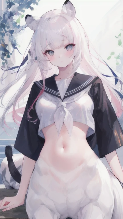 (best quality, masterpiece), 1 girl, centaur, I beg, White skin, Korean schoolgirl, ,black pink, exposing the abdomen, beautiful girl perfect, White tiger photo, 완벽한 White tiger photo