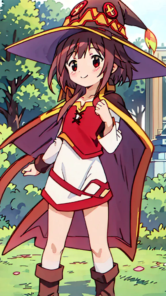 masterpiece, best quality, beautiful, cute visual art, girl (proportion: 1:5 heads), megumin_konosuba, short_hair, brown_hair, red_eyes, short_hair_with_long_locks, hat, witch_hat, cape, black_hair, open_mouth, cute, happy smile, in a medieval town {(wind power: 0.5)}, slim and long legs (open legs), Ezbian full body (softly wind blows), {{((A gentle wind blows her hair))}}, good proportions, looking at the viewer, ink, blushing, big smile, no nose, cute style, pastel tones, soft colors