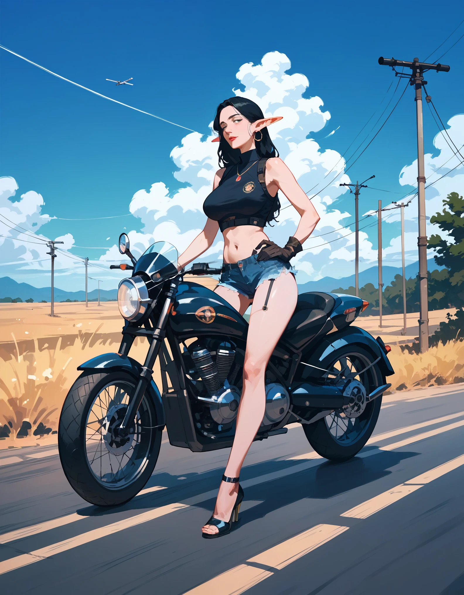 score_9, score_8_up, score_7_up, score_6_up, score_5_up, score_4_up, (masterpiece, best quality:1.2), highly detailed, illustration, mature woman, elf ears, black hair, skinny body, motorcycle pilot