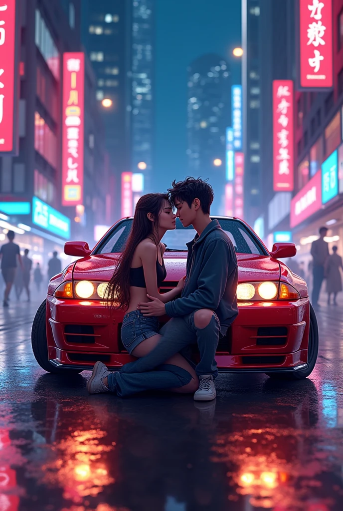 A couple inside a car, the woman with very short white hair, light brown skin with violet eyes and thin wearing a red dress, and a man with a black dress shirt and very strong, defined arms holding the steering wheel, the man has a dragon tattoo on his neck and dark, slightly long hair, white man without a beard