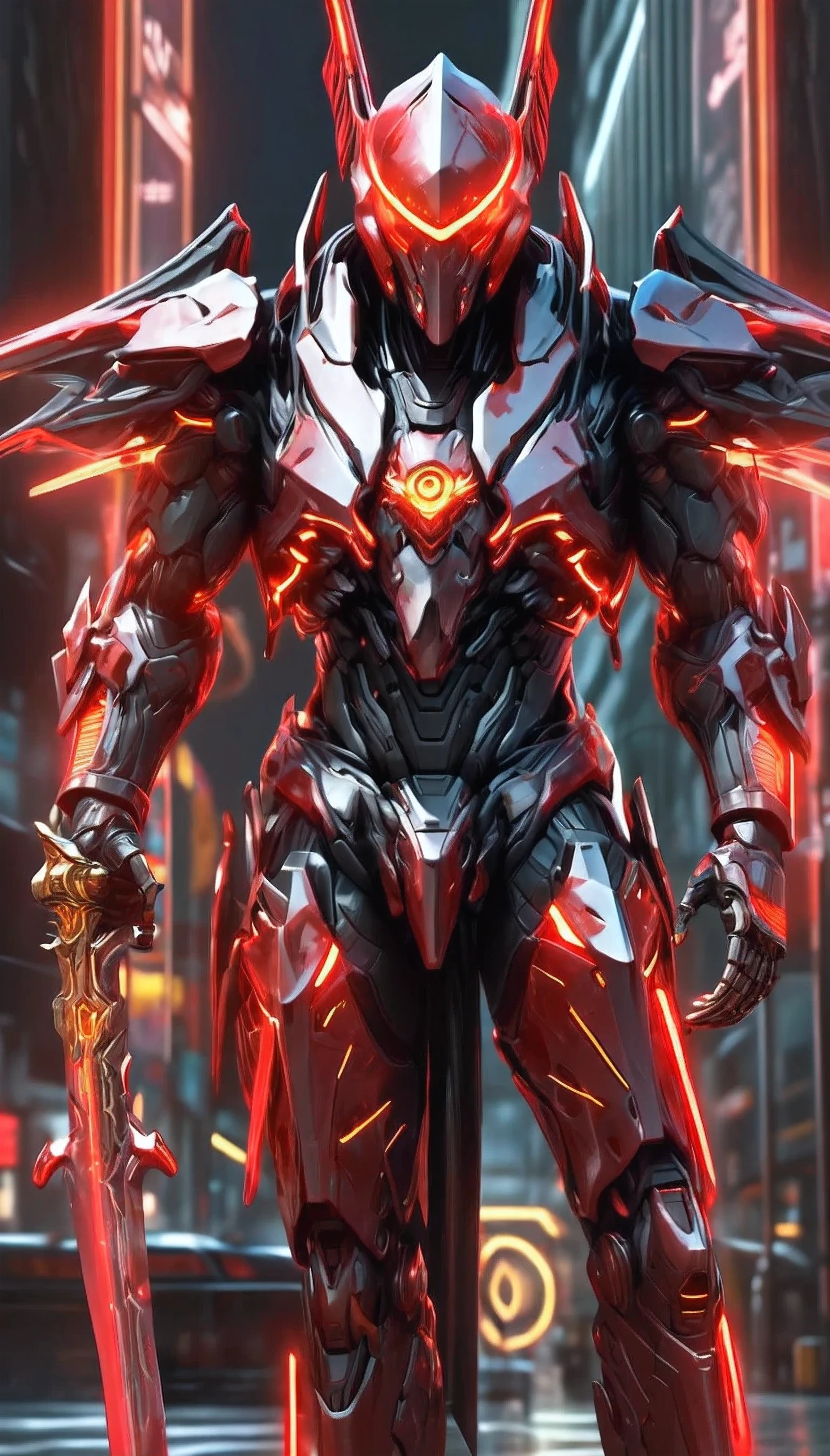 a hyper-realistic image of a Reaper dressed in red, technologically advanced mechanical armor. The armor should have a futuristic aesthetic with a streamlined shape, yellow neon and smooth surface. The Reaper holding a huge and big silver titanium intricate sword with a neon red light. The background should feature high-tech architecture, subtly blurred to enhance the atmosphere of a future world.