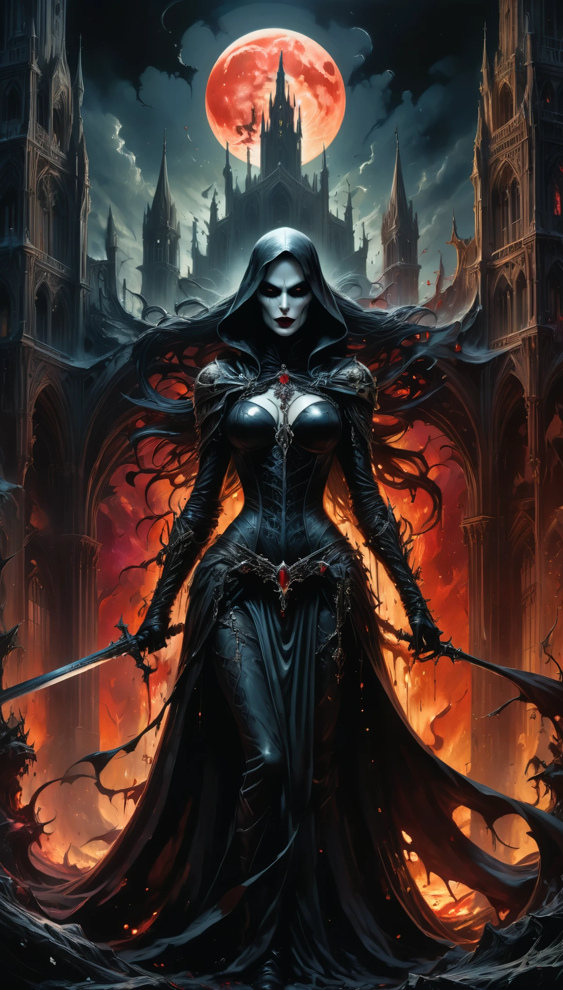 gothic vampire woman with armor and sword in victorious pose
