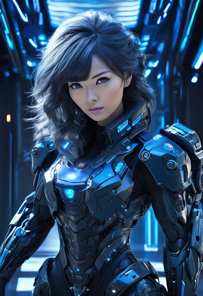 A female police officer wearing exoskeleton cyber armor, The armor fits snugly、He has a plasma gun in his hand., Full Body View, Maximum details, Detailed drawings and excellent quality, 8k,chest, blue eyes, blue eyes, Take a look, Take a look, High resolution, 超High resolution, Best Quality, Shortcuts, Black Hair, 大きなchest, Cinematic Lighting Effects, Futuristic, ((High tech spaceship interior with blue light illumination)), 