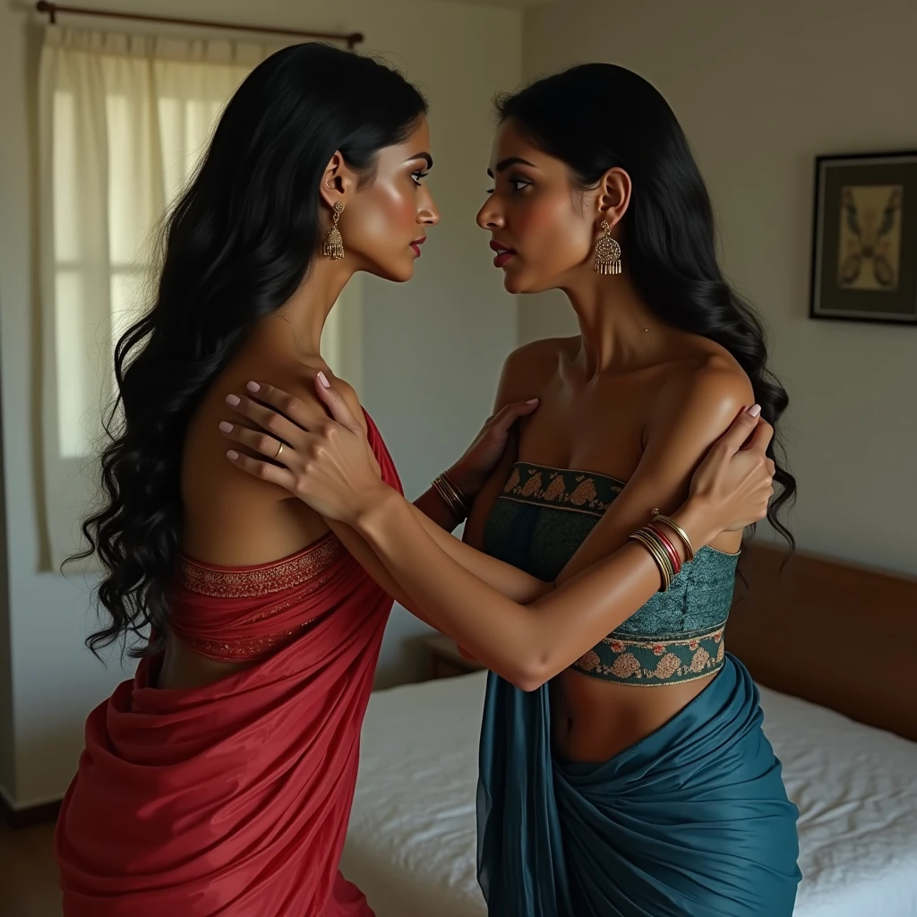 A sexy Indian wife with huge boobs wearing sexy red  wear saree long clevage standing nose to nose with her rivals women who wearing blue sexy saari long clevage big  both women standing in kitchen staring each other angrily look like aiswarya rai and Deepika Padukone 