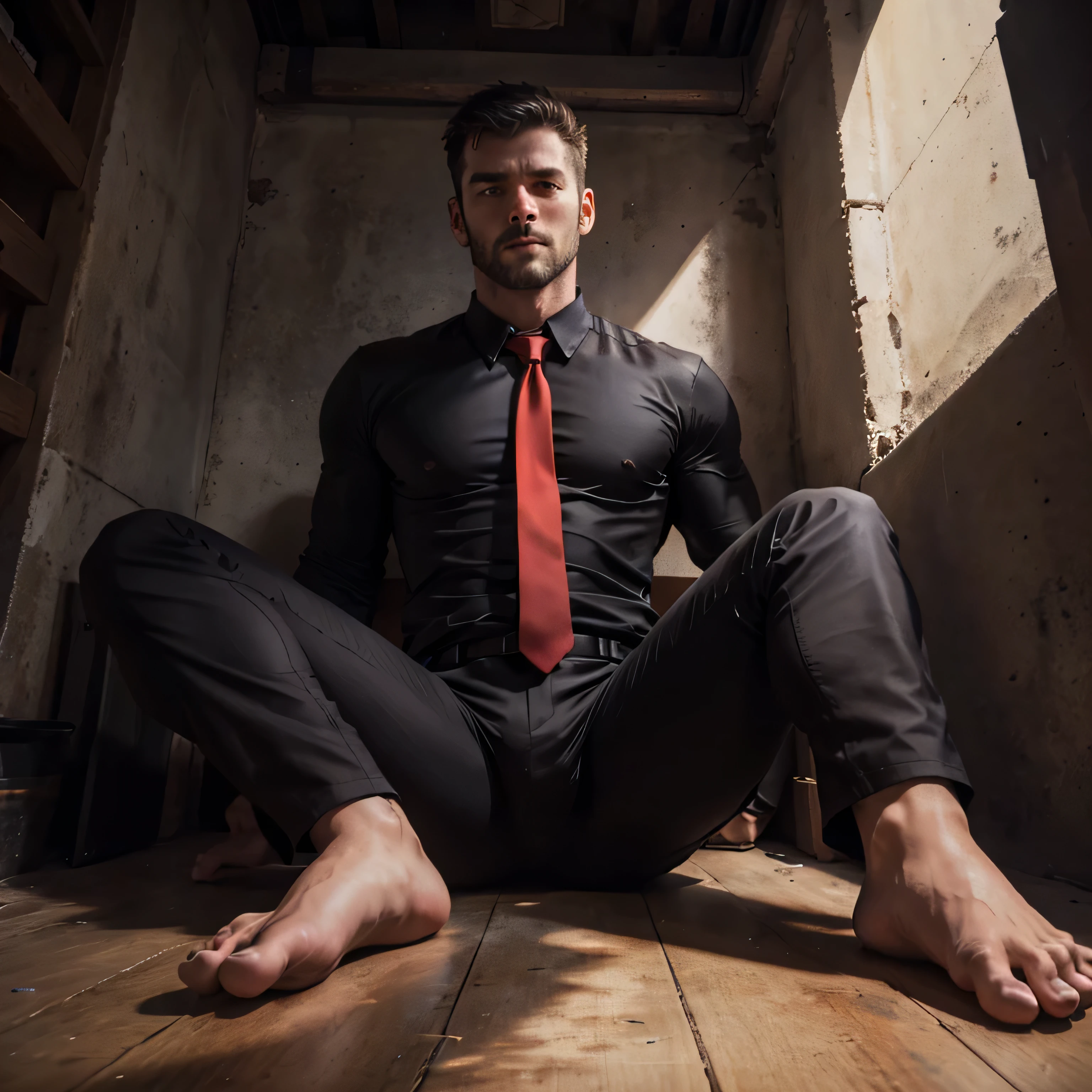 30 years old、One Man,Handsome、Stubble、Black Shirt、Red tie、Black pants、Small darkroom,Sit barefoot on the ground,Muscular ,Short short hair　Gunfight、View from below