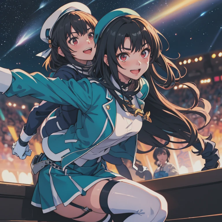 masterpiece, Best Quality, High resolution, Kantai Collection, beret, jacket, blue jacket, Long sleeve, gloves, black gloves, skirt, Knee socks, Garter Straps, Cowboy Shot, room, smile, Mouth closed, Black Hair, In-person audience, throw, Leaning forward, Place your arms behind your back, View your audience,Starry Sky,Shooting Star,neon,whole body,Black tights,黒gloves