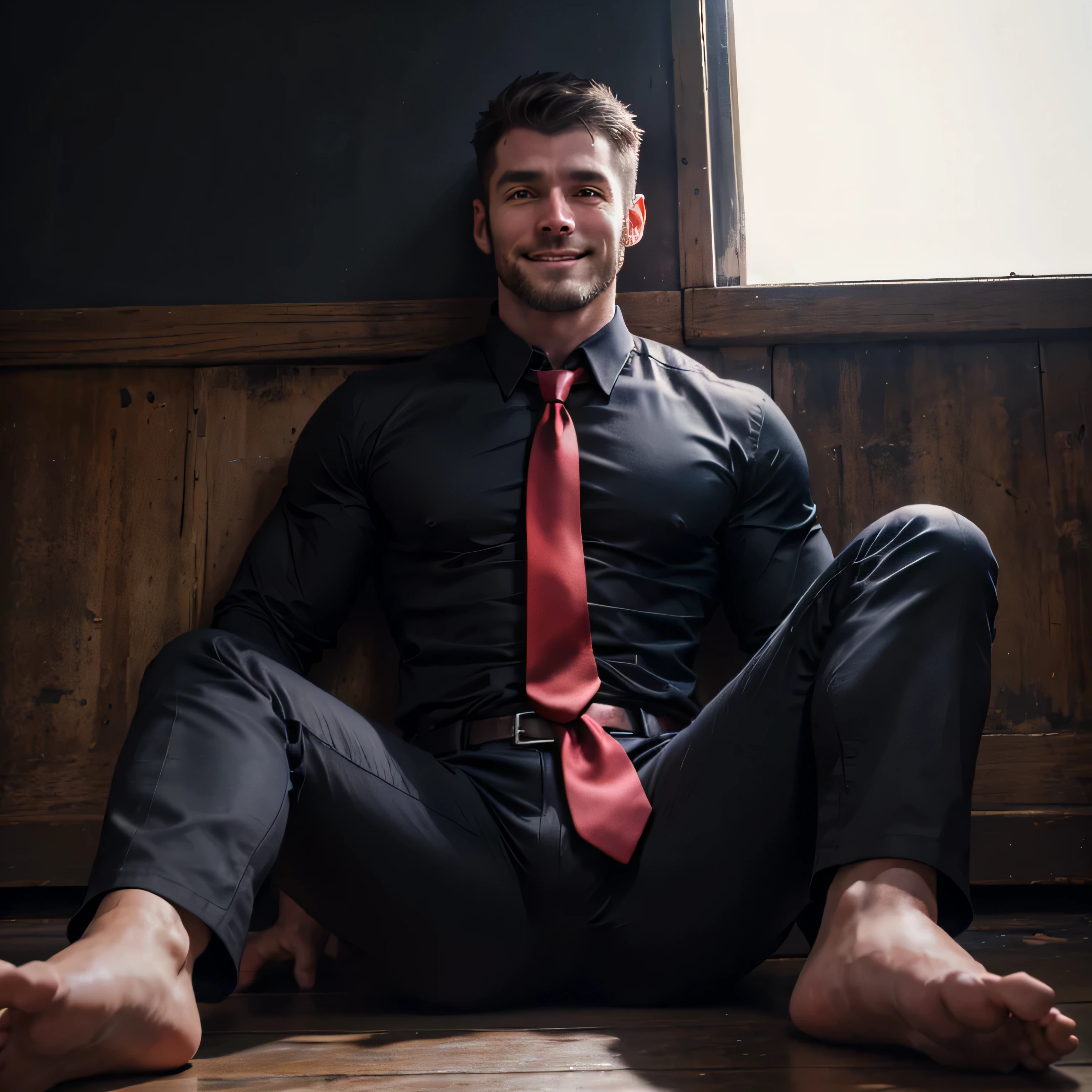 30 years old、One Man,Handsome、Stubble、Black Shirt、Red tie、Black pants、Small darkroom,Sit barefoot on the ground,Muscular ,Short short hair　Gunfight、View from below　smile