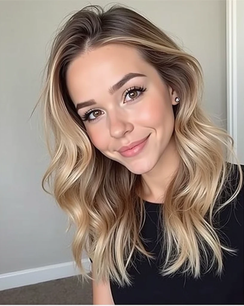 A beautiful woman with blonde hair and brown roots. She has dark eyes. She has clear skin and a small nose. She has big . She is wearing a yellow shirt with cleavage. She has long eyelashes