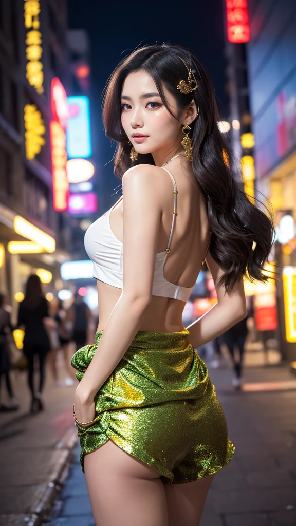 a woman covered in intricate white cybernetics, blue led lights, battle suit, cleavage, high tech, ultra high def, 32k, (Bikini Cyborg robot parts), (detailed:1.4), cyberpunk city background, rainy street, beautiful face, golden long hair, professional lighting, masterpiece, very delicate and beautiful, professional photograph, (smiling:0.5)