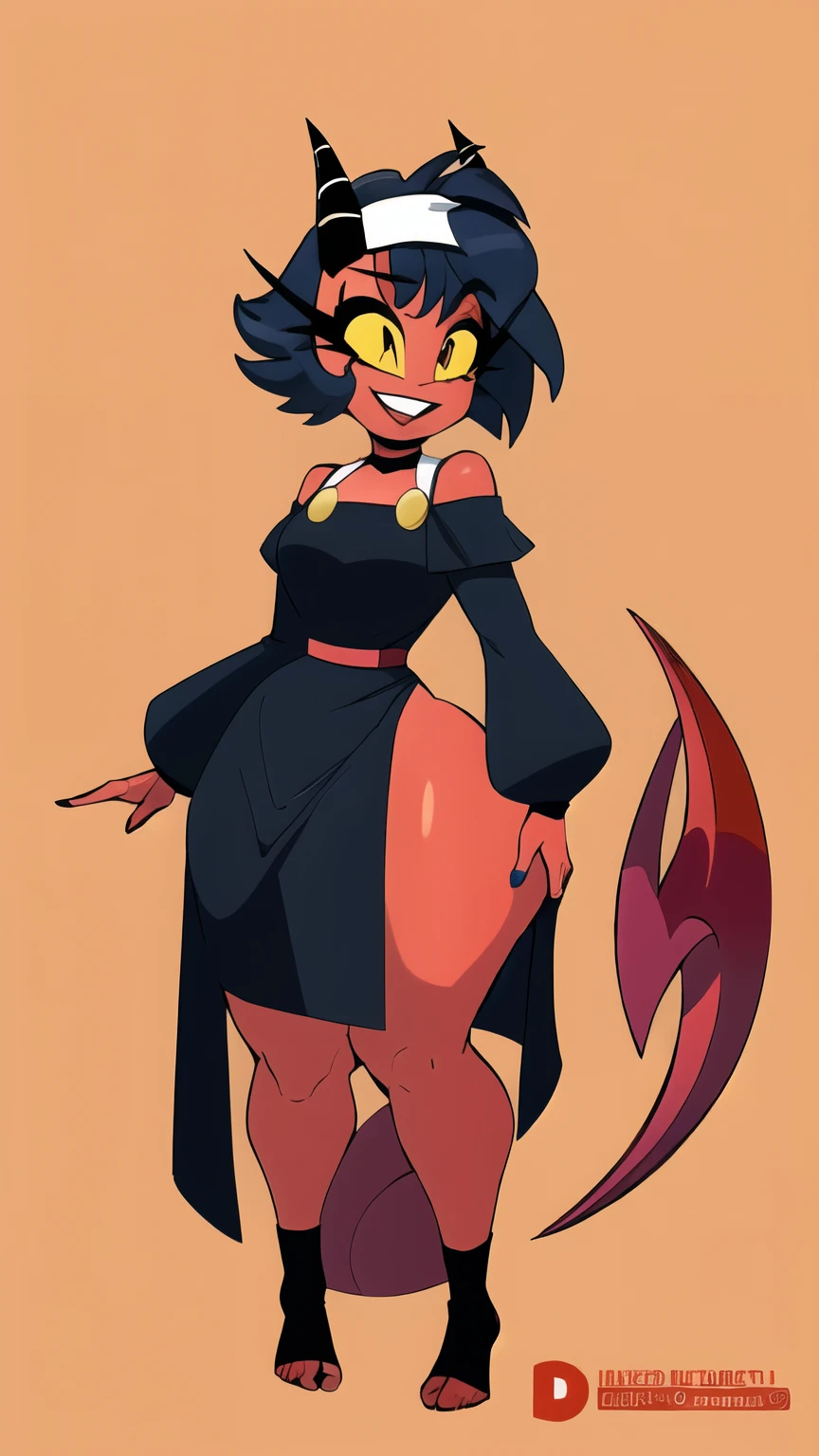 Masterpiece, best quality, <lora:millieHelluvaBoss_v10:1> millie, 1girl, solo, detailed face, upper body, yellow eyes, short hair, black hair, demon girl, horns, (black gown, black dress, gold accents, fancy dress, high heels:1.5), (muscular female, abs:0.75), red skin, colored skin, novel illustration, smile, simple background, closed mouth, pinup pose, (full body:1.5), (short arms, short legs, short girl:1.2), thick thighs, wide hips, small breasts,