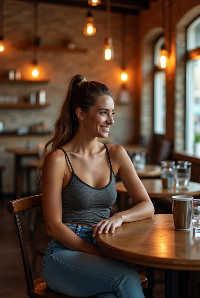 Arafed woman laughing with matching tank top and panties, fille etant au restaurant, fille sexy aux yeux bruns, Portrait Sophie Mudd, cheveux bruns et grands yeux, selfie of a young woman, Violet Myers, Sans maquillage, maquillage naturel, Look directly into the camera, Visage avec Artgram, dezentes Maquillage, Grande photo du corps entier, in a nightclub, Fission