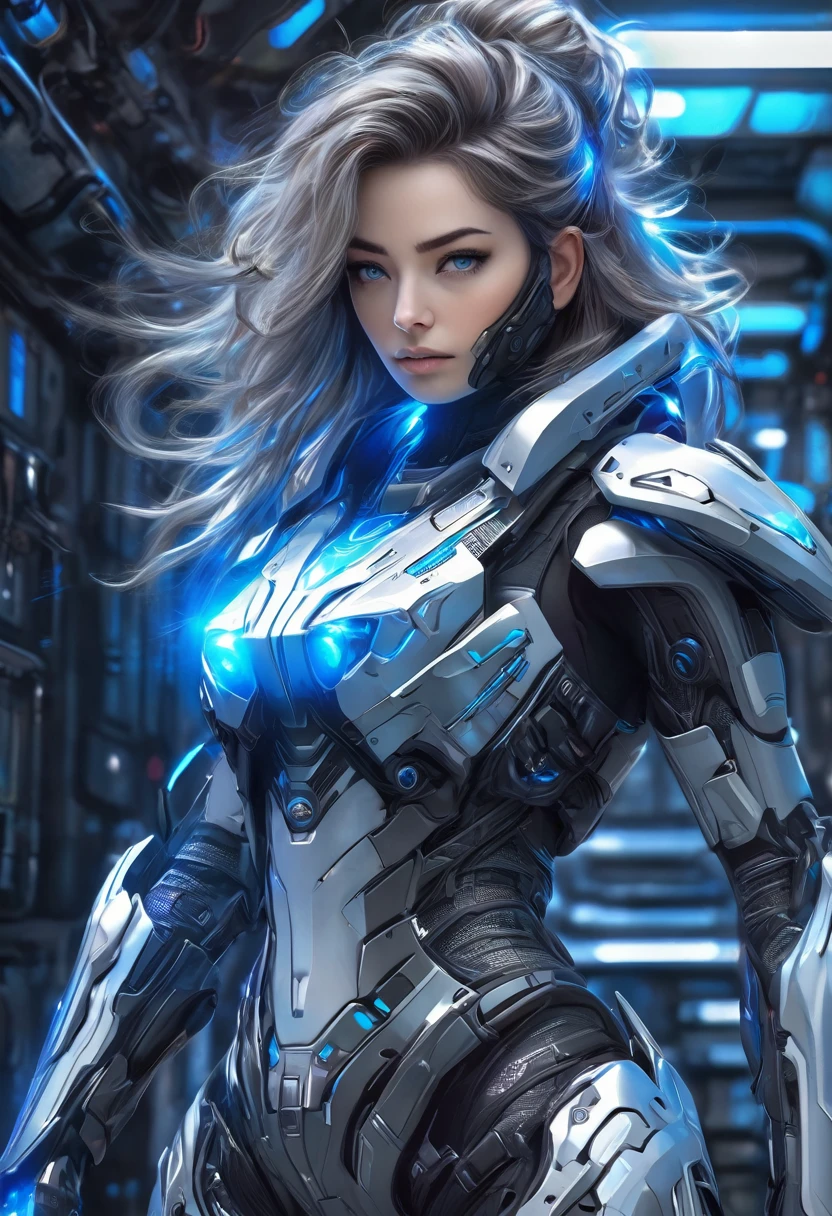 A female police officer wearing exoskeleton cyber armor, The armor fits snugly、He has a plasma gun in his hand., Full Body View, Maximum details, Detailed drawings and excellent quality, 8k,chest, blue eyes, blue eyes, Take a look, Take a look, High resolution, 超High resolution, Best Quality, Shortcuts, Black Hair, 大きなchest, Cinematic Lighting Effects, Futuristic, ((High tech spaceship interior with blue light illumination)), 