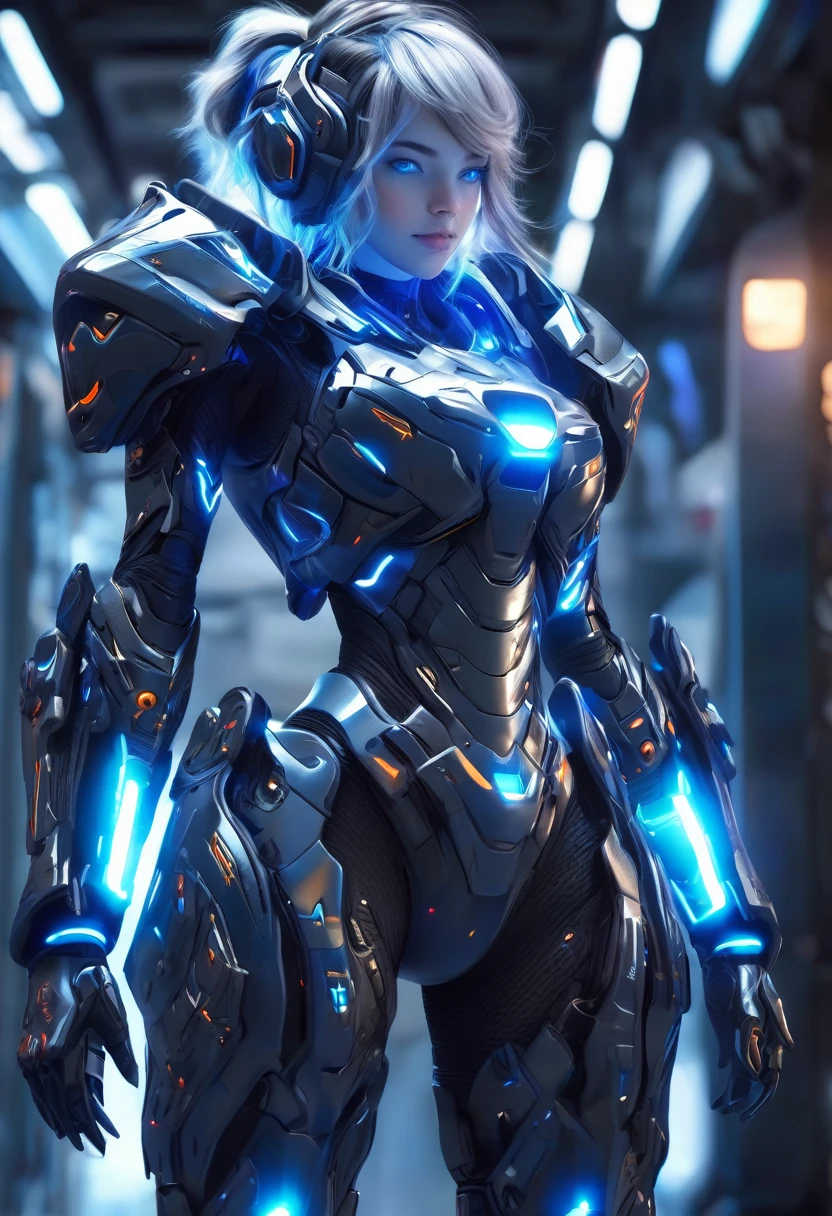 A female police officer wearing exoskeleton cyber armor, The armor fits snugly、He has a plasma gun in his hand., Full Body View, Maximum details, Detailed drawings and excellent quality, 8k,chest, blue eyes, blue eyes, Take a look, Take a look, High resolution, 超High resolution, Best Quality, Shortcuts, Black Hair, 大きなchest, Cinematic Lighting Effects, Futuristic, ((High tech spaceship interior with blue light illumination)), 