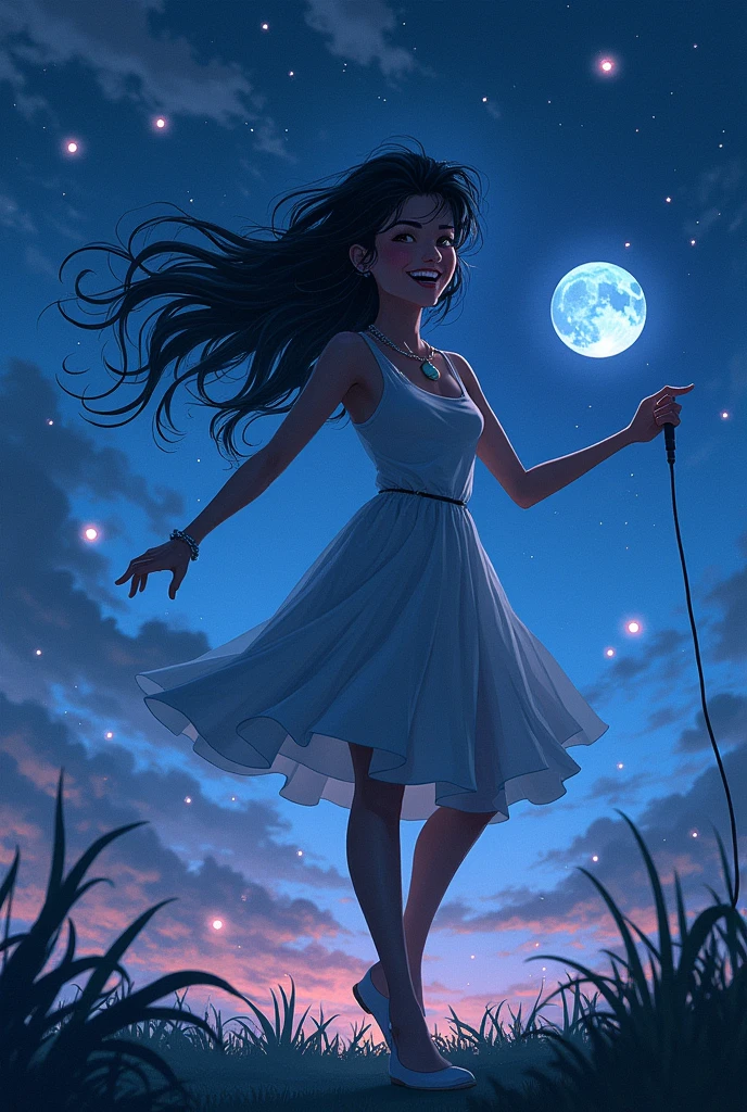 Realistic illustration of beautiful daring girl , smiling, creating night art
