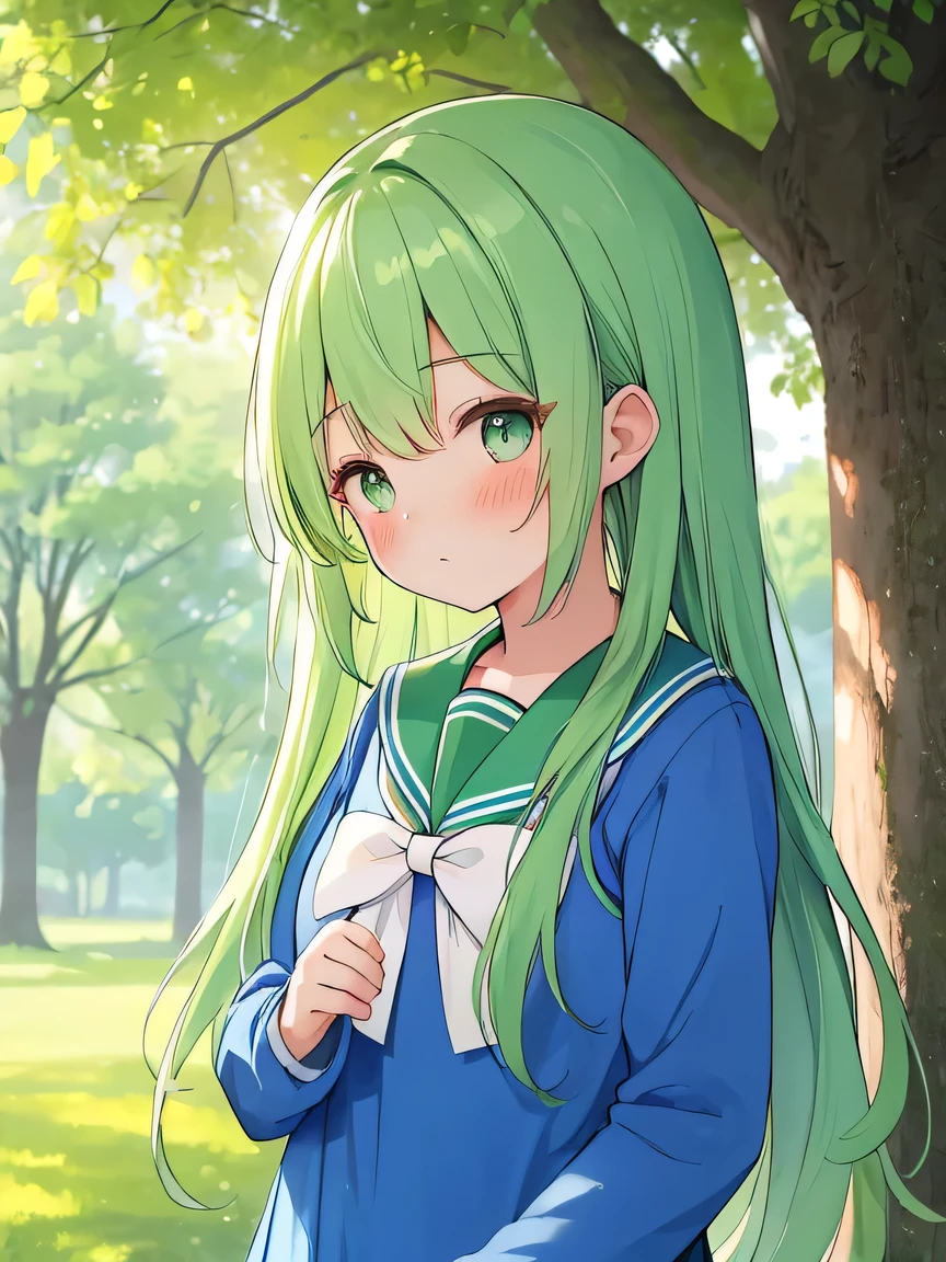((A Pretty High School girl with green hair and blue eyes)), ((wearing Sailor suit)), Baby face, ((master piece, top-quality, ultra-definition, high resolution)), anime girl, ((ultra-detailed illust:1.2)), only one person, bangs, hair between eye, beautiful hair, Beautiful eyes, Medium breasts, Big smile, opened mouth, cherry trees, schoolyard,no_pants, panties, white_panties