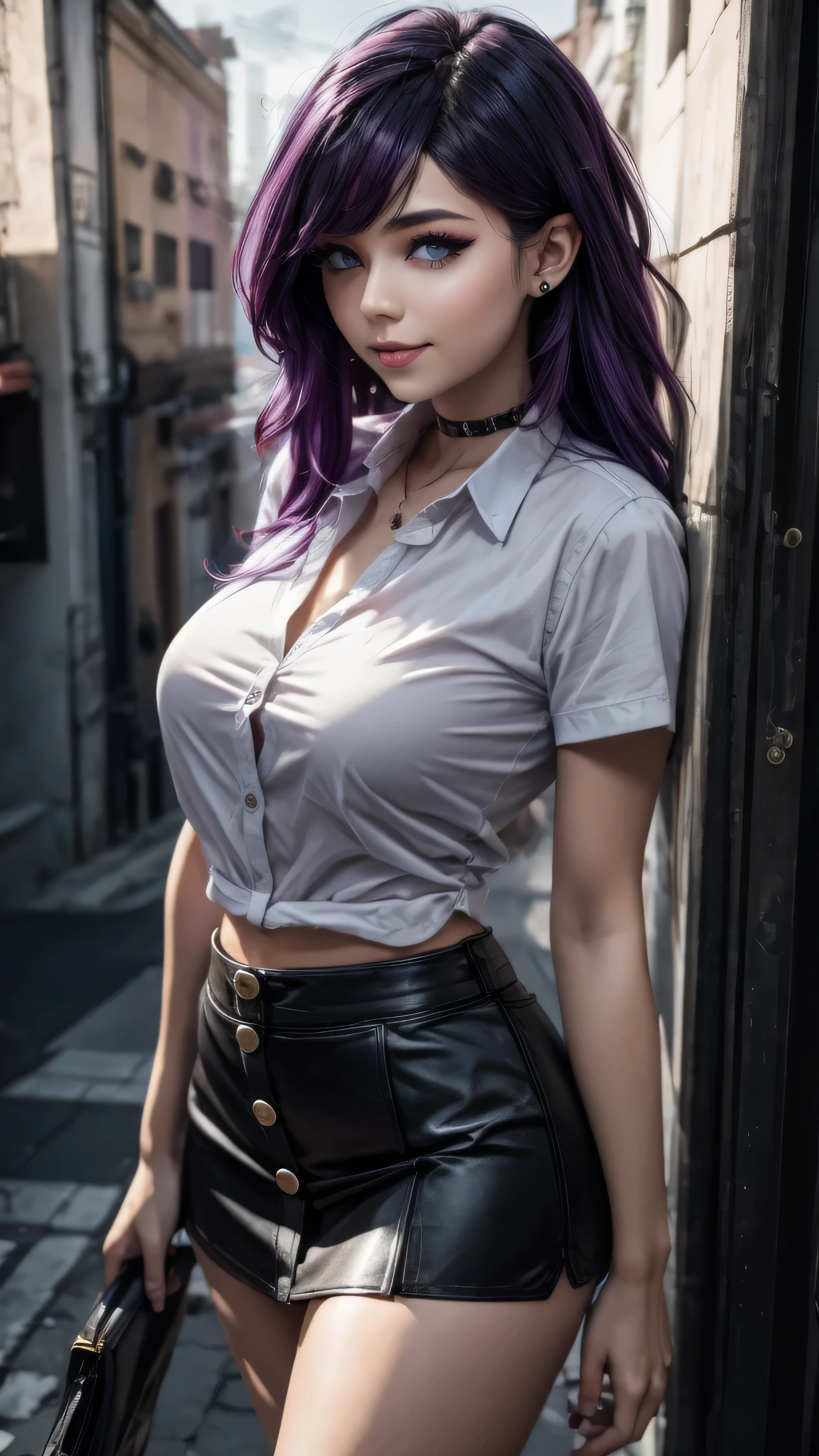 ((masterpiece, best quality)), ((1girl)), (solo), (realistic), (female focus), (skinny), (goth girl), (purple hair, very long hair), futuristic, eyeshadow, mascara, long eyelashes, large blue eyes, looking at viewer, light smile, goth, cyberpunk, sexy, (buttoned shirt), (button gap)), (short skirt)), standing, cyberpunk background, arms behind back, dynamic angle,