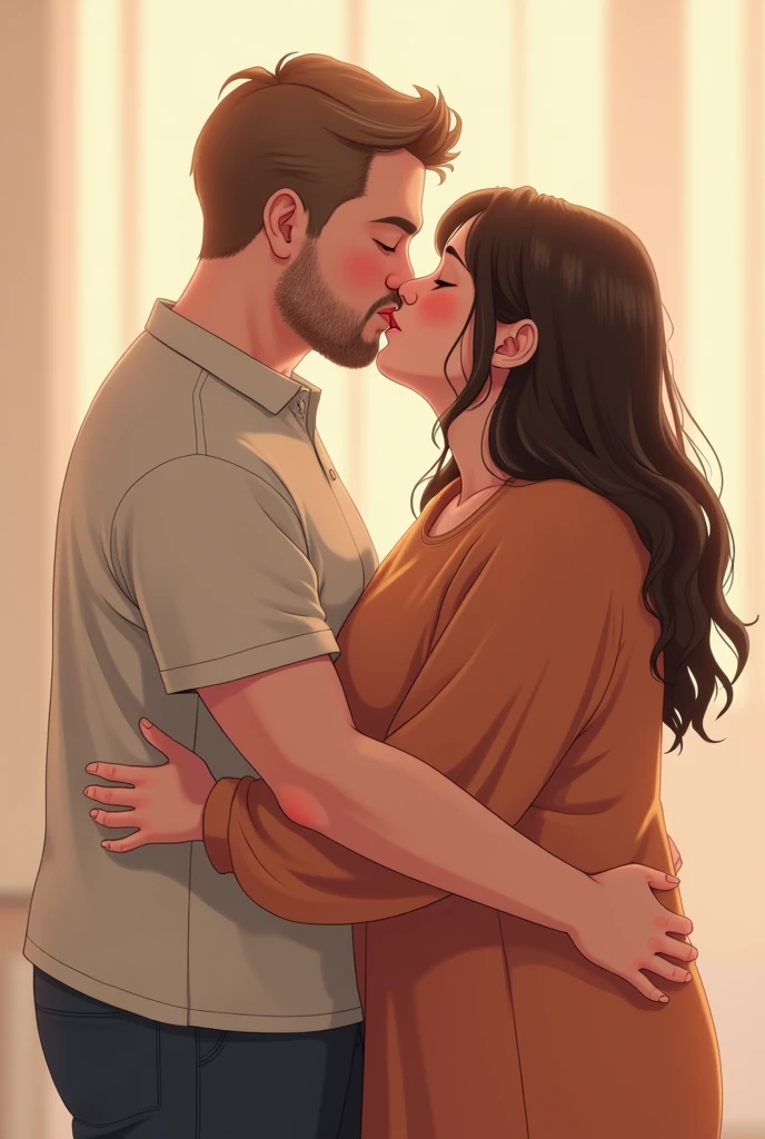 Amazing portait of a hot next door neighbour with her hair tied in a messy bun wearing an off shoulder checked olive green shirt that is unbuttoned and oversized kissing and making out passionately with her male neighbour on her bed in an intimate setting