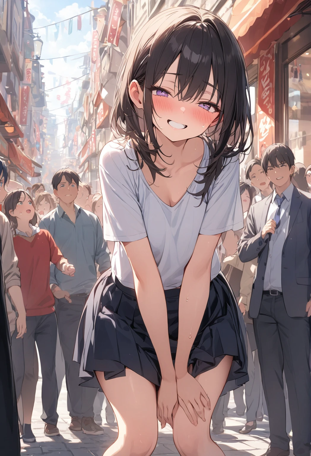 spread leg legs、sit、Looking away、Chat with friends、In town、bustling street、cap、Panties、Shoulder bag、mini skirt、forehead、Private Server、Girl、Girl、Short、Younger、Baby Face、flat chest、Dynamic Angle、laughing、Both eyes open