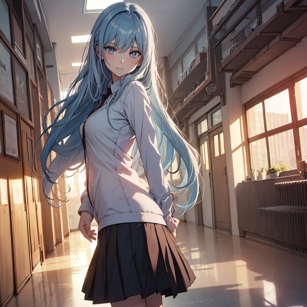 ((masterpiece,best quality)), highres, extremely detailed 8K wallpaper, depth_of_field, best shadow, (Colorful),(Delicate eyes and face), nice hand, Perfect hands, (no lighting), Ray tracing, BREAK (1girl), long hair, (light blue hair), green eyes, slender, skinny, medium breasts, bangs, confident smile, slender, skinny, BREAK, standing, perfect hands, light blue hair, BREAK, Cowboy Shots and knee, school corriror, school hallway