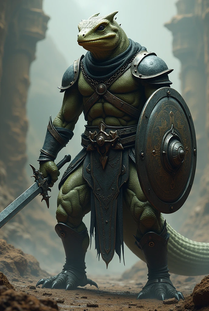 Create an image of a humanoid lizard, with chainmail armor, holding a scimitar and a light steel shield