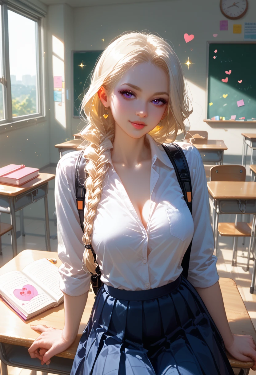 Girl One Beauty Sexy Curvy, Dressed in School Uniform, hair braided, Sitting at a desk in the classroom, Small details are visible, Notebooks, Handles, books, Fashionable backpack, Flirting with the Viewer, Beautiful Eye Shadows, Makeup is light, on the Desk Sticker in the form of a Heart, Clear drawing, masterpiece, maximum details, Full Detailing, complex picture, A game of shadows, bright colors, Soft light, Warm Atmosphere, sparkles, glitters, core_9, score_8_up, score_7_up,