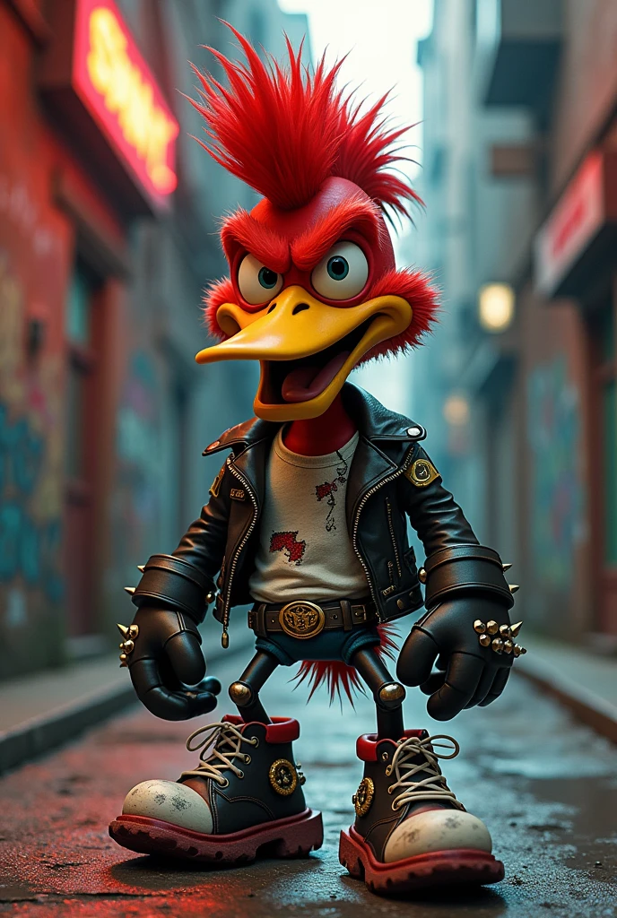 Woody the woodpecker walks downhill on a road. He has a cigarette in his mouth and is unhappy. He's wearing his hooded sweater and a bus passes by.