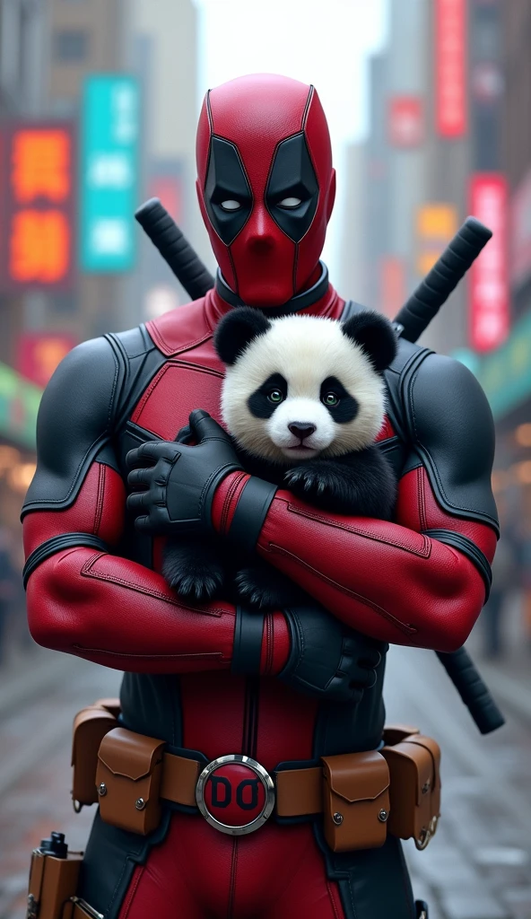 Deadpool is sitting by the edge of a serene and beautiful river, in his iconic red and black suit. His usual playful expression is softened as he gently pets a baby elephant's head, showing a rare moment of tenderness. The lush green trees and the sunlight reflecting on the water create a picturesque and peaceful setting, with vibrant colors and a touch of golden evening glow enhancing the scene."