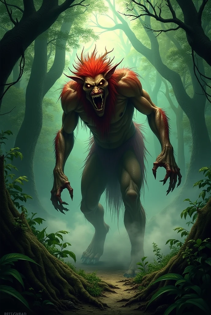 devil, furry, Dark red fur, barefoot, 3 toes Dark grey shorts, Alone, simple background, sitting at the foot of a forest, pointed cola, Whole body.