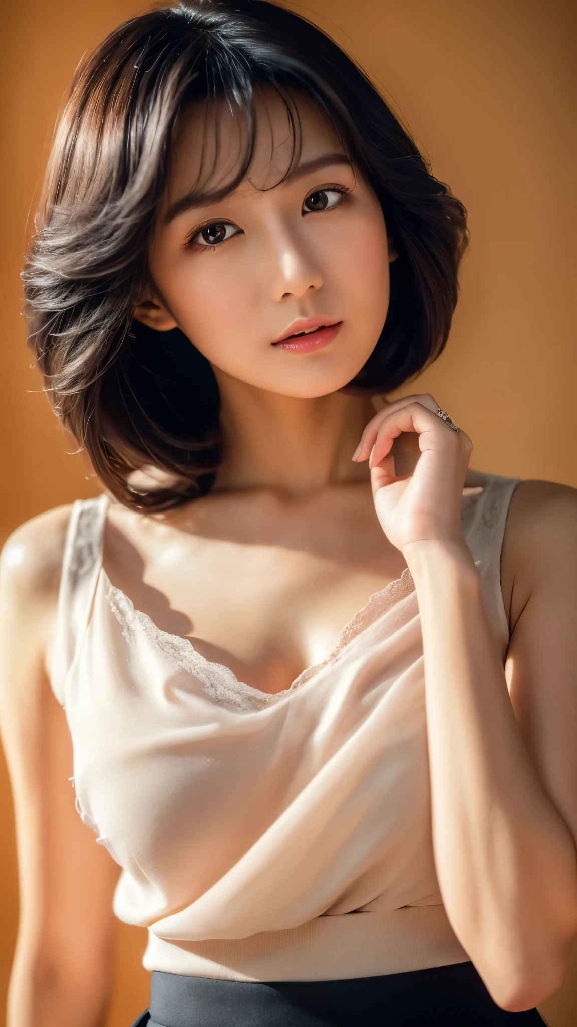 (Best quality, 8k, 32k, Masterpiece, UHD:1.2),Photo of Pretty Japanese woman, 1gril,black short hair,large breasts,(detailed white loose t-shirt:1.2),denim pants,necklace,(detailed blue lace bra:1.1),(leaning forward:1.8),looking at viewer,pov,looking down,across table,(hands on table:1.1),smile,in cafe,upper body, all fours