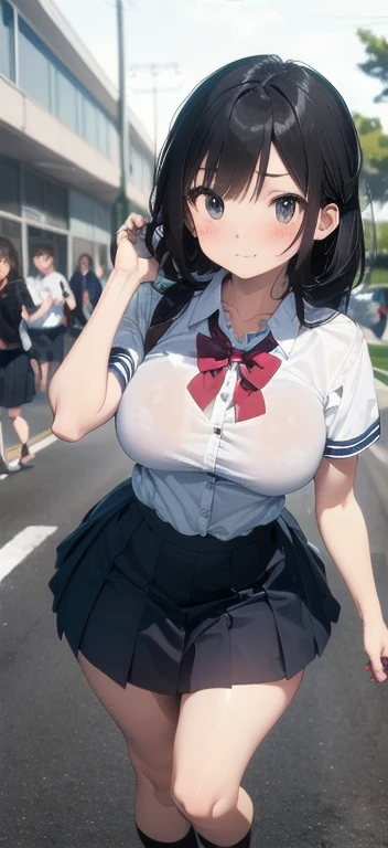 NSFW、(Japanese Girl)、masterpiece, 最high quality, high quality, High precision,Highly detailed 8K wallpapers、Beautiful Skin、(White shirt、Navy Skirt、Brown loafers)、((Photo session、Surrounded by many photographers、The camera is pointed at))、(amusement park)、((Expose))、Big Breasts、smile、(頬を伝うSweat、胸にSweatが流れ落ちる)、(((Sweat)))、(((Nipple masturbation)))、(((A lot of love juice)))