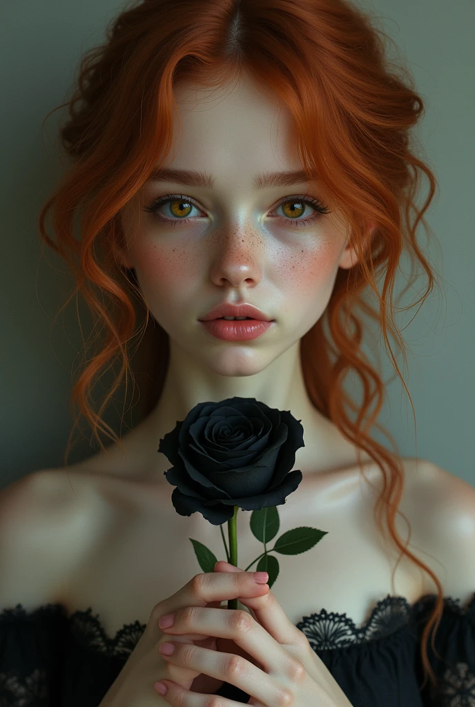 Realistic girl whit pink pusssy and pinky nipple and red hair whit holding black rose