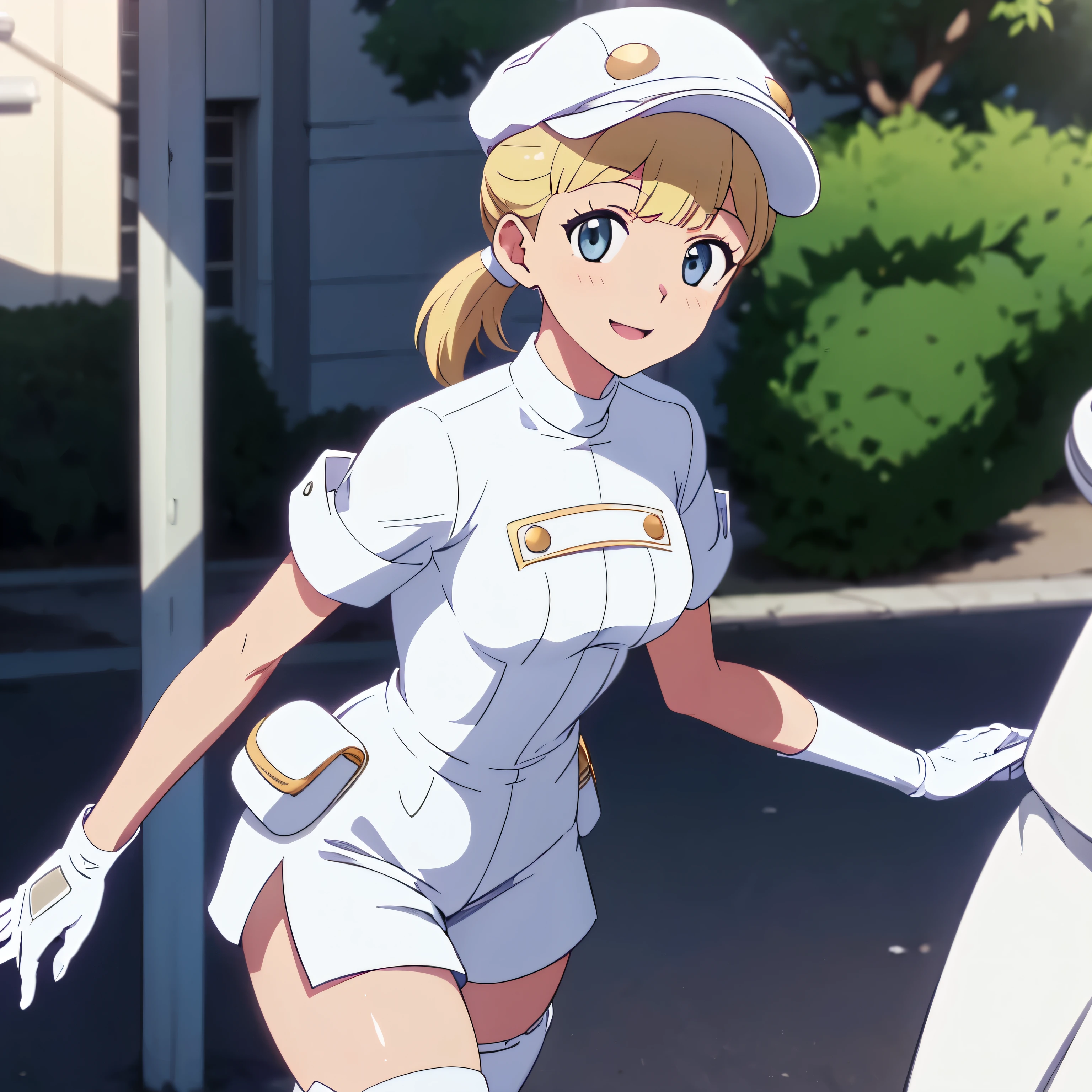 (insanely detailed, beautiful detailed face, masterpiece, best quality), ((masterpiece)),((best quality)),(highres), bokeh, looking at viewer, solo, 1girl, cowboy shot, aether foundation employee, white headwear, white gloves, short sleeves, uniform, white clothes, pouch, thigh boots, gloves, white pantyhose, short shorts, white cabbie hat, white uniform, white gloves, white elbow gloves, short sleeves, white headwear, cabbie hat, jumpsuit, short sleeves, smiling, medium breasts, teresa, blonde hair, ponytail,