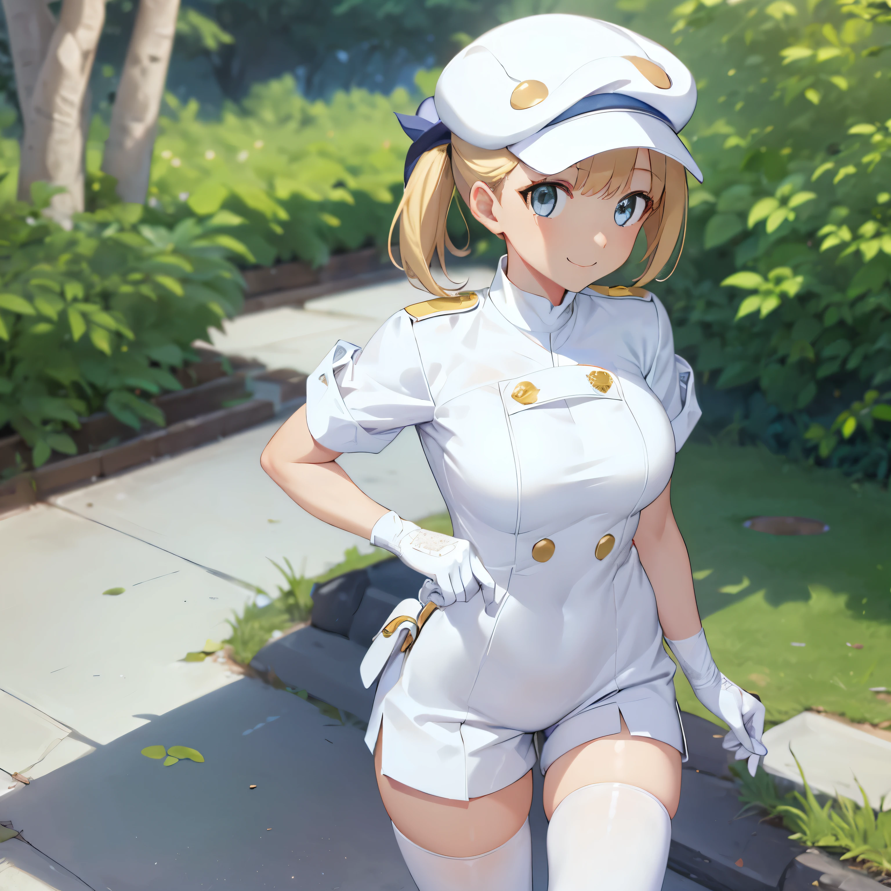 (insanely detailed, beautiful detailed face, masterpiece, best quality), ((masterpiece)),((best quality)),(highres), bokeh, looking at viewer, solo, 1girl, cowboy shot, aether foundation employee, white headwear, white gloves, short sleeves, uniform, white clothes, pouch, thigh boots, gloves, white pantyhose, short shorts, white cabbie hat, white uniform, white gloves, white elbow gloves, short sleeves, white headwear, cabbie hat, jumpsuit, short sleeves, smiling, medium breasts, teresa, blonde hair, ponytail, short ponytail, white skin