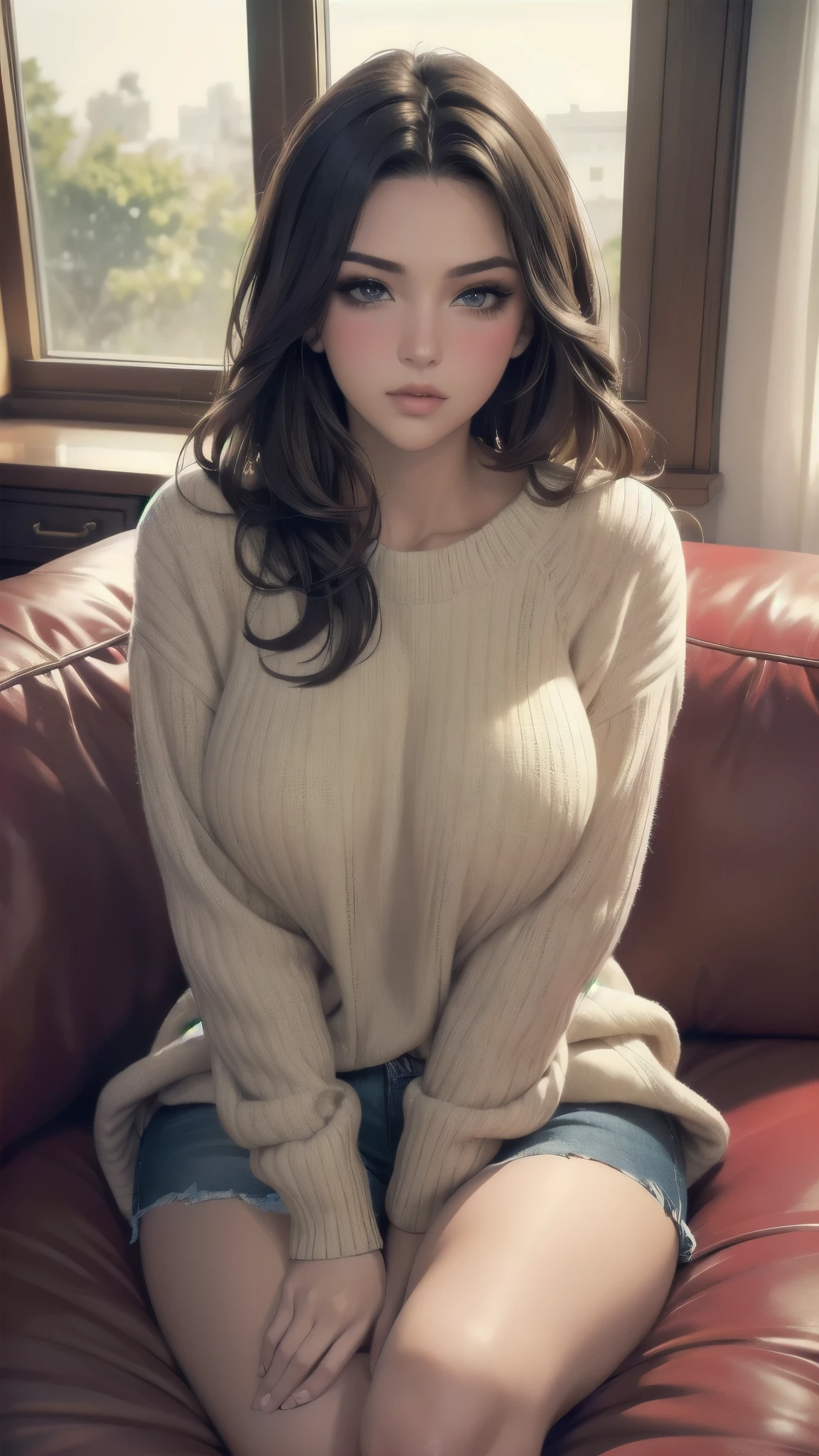 (hyperrealistic), (illustration), (high resolution), (8K), (extremely detailed), (best illustration), (beautiful detailed eyes), (best quality), (super detailed), (masterpiece), (wallpaper), (detailed face), solo, (dynamic pose), 18-year-old Amanda Seyfried, perfect face, incredibly beautiful, short wavy brown hair, heterochromic eyes, ((torn ceda sweater)), clearly visible large breasts, crouched cowgirl pose, open groin, pubic shape clearly  visible, tightens abdomen, (camel fingers), (no panties), (no bra) nsfw