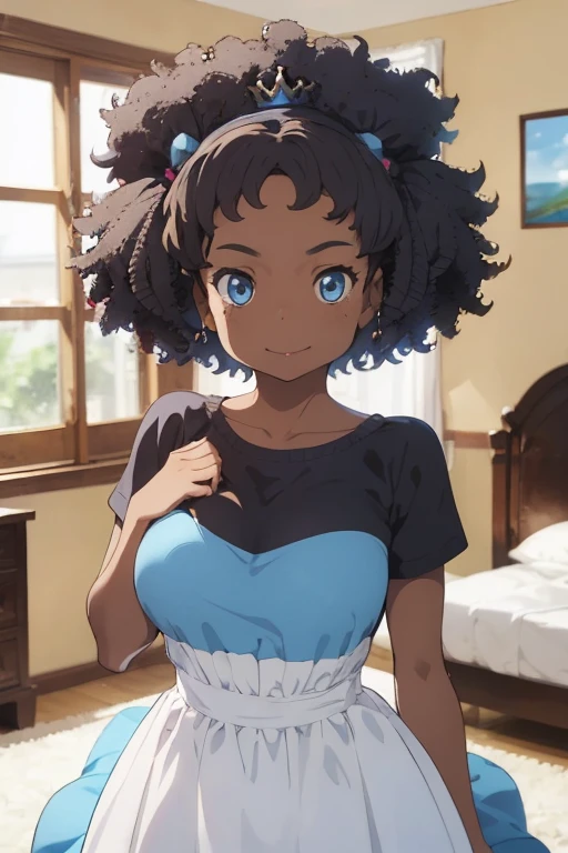 1 female, afro hair, black afro hair black girl afro hair, darker skin, brown skin, huge breast, light blue eyes, princess dress, home, bedroom, happy face, sexy pose, princess crown, sexy pose