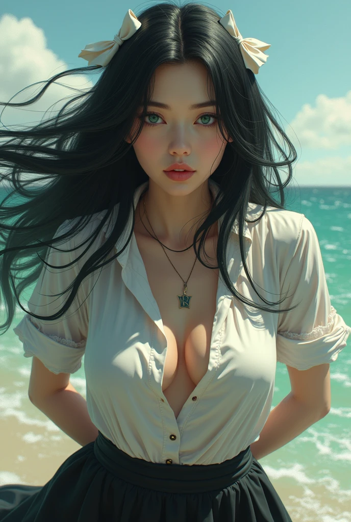 (UHD, retina, masterpiece, accurate, anatomically correct, textured skin, super detail, high details, high quality, best quality, high res, 1080P, HD, 4K, 8k, 16k), (beautiful detailed eyes, beautiful detailed lips, extremely detailed eyes and face), soft lighting, physically-based rendering, vivid colors, (large breasts:1.5), (portrait, shiny hair, shiny skin), eye reflection, (bokeh, science_fiction, sky, cloud, city, building), (bangs:1.5), semi-profile view, black dress,
