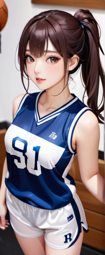 Look from the bottom up，Panties can be seen，open open mouth，Narrow waist,Basketball player role play，(basketball playground:1.3)Basketball player role play，（pleated super short skirt：1.4），（upper legs：1.3），The expression of kissing，is shy，Seduce men，Civilian attire，Harnes（Extreme heat：1.5），（humidity：1.3），（inside in room：1.3），1 girl，pupils，Tied with a high ponytail，Bows tied in hair，Background bokeh，scowling，Semi-，From top to bottom，is shy，seductiv，cleavage，(Detailed eyes), Best quality at best, ultra - detailed, tmasterpiece, (Detailed face)，Ancient wind，