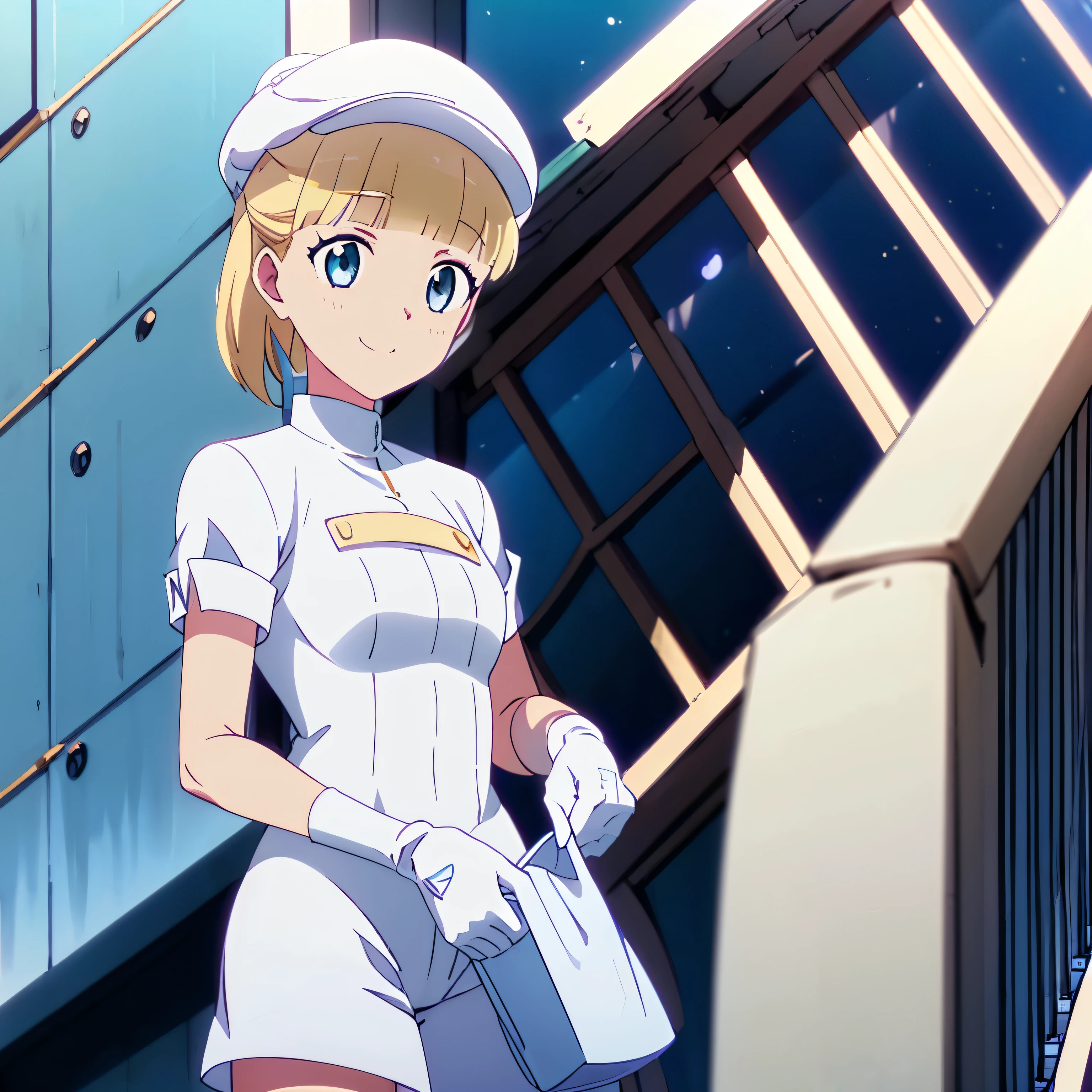 (insanely detailed, beautiful detailed face, masterpiece, best quality), ((masterpiece)),((best quality)),(highres), bokeh, looking at viewer, solo, 1girl, cowboy shot, aether foundation employee, white headwear, white gloves, short sleeves, uniform, white clothes, pouch, thigh boots, gloves, white pantyhose, short shorts, white cabbie hat, white uniform, white gloves, white elbow gloves, short sleeves, white headwear, cabbie hat, jumpsuit, short sleeves, smiling, medium breasts, teresa, blonde hair, ponytail, short ponytail, white skin