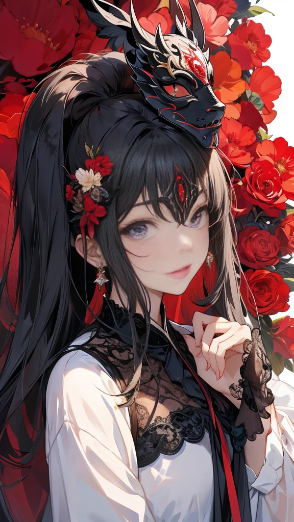 anime girl with long black hair and red eyes holding a rose, anime moe artstyle, anime visual of a cute girl, ayaka genshin impact, young anime girl, portrait of an anime girl, rin tohsaka, an anime girl, hanayamata, portrait gapmoe yandere grimdark, (anime girl), gothic maiden anime girl, garden with lake background