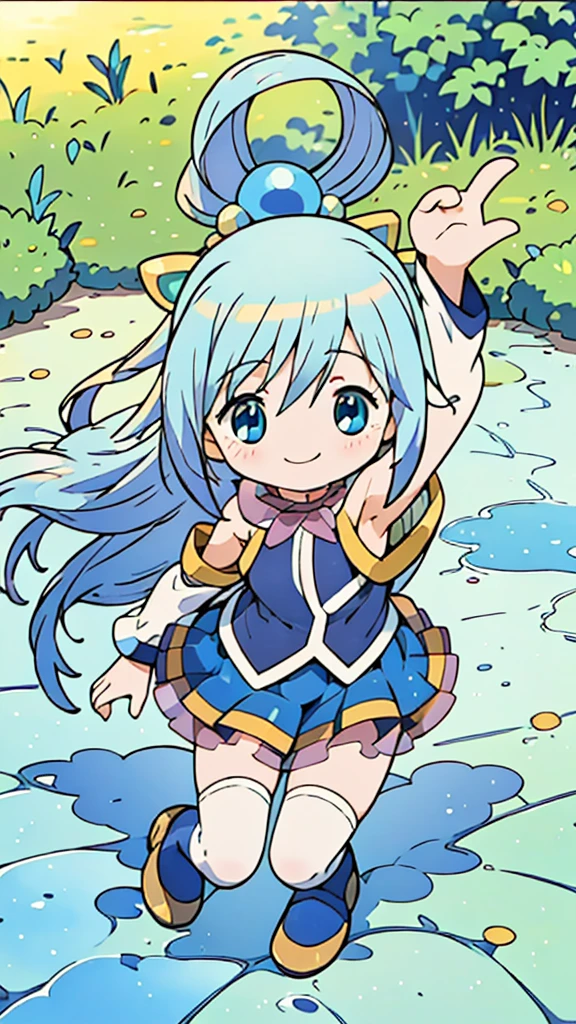 masterpiece, best quality, beautiful, cute visual art, girl (proportion: 1:5 heads), aaaqua, long hair, blue hair, hair rings, hair ornament, choker, bare shoulders, green bow, blue shirt, detached sleeves, blue skirt, thighhighs, cute, happy smile, outside a barn {(wind power: 0.5)}, slim and long legs (open legs), Ezbian full body (softly wind blows), {{((A gentle wind blows her hair))}}, good proportions, looking at the viewer, ink, blushing, big smile, no nose, cute style, pastel tones, soft colors