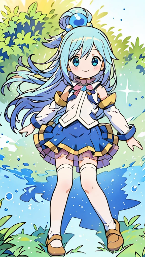 masterpiece, best quality, beautiful, cute visual art, girl (proportion: 1:5 heads), aaaqua, long hair, blue hair, hair rings, hair ornament, choker, bare shoulders, green bow, blue shirt, detached sleeves, blue skirt, thighhighs, cute, happy smile, outside a barn {(wind power: 0.5)}, slim and long legs (open legs), Ezbian full body (softly wind blows), {{((A gentle wind blows her hair))}}, good proportions, looking at the viewer, ink, blushing, big smile, no nose, cute style, pastel tones, soft colors