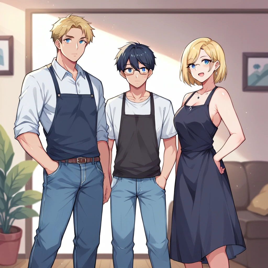 Group of friends; seven characters; 7 characters; seven people; 7 people; playing; living room; brunette girl in shorts and tank top; blonde girl in dress shirt, skirt and boots; milf woman in jeans and apron; goth girl with short blue hair; blonde man with blue eyes in dress shirt and jeans; man with glasses and disheveled black hair; an extremely tall black man wearing a tank top and shorts; all looking at the viewer;