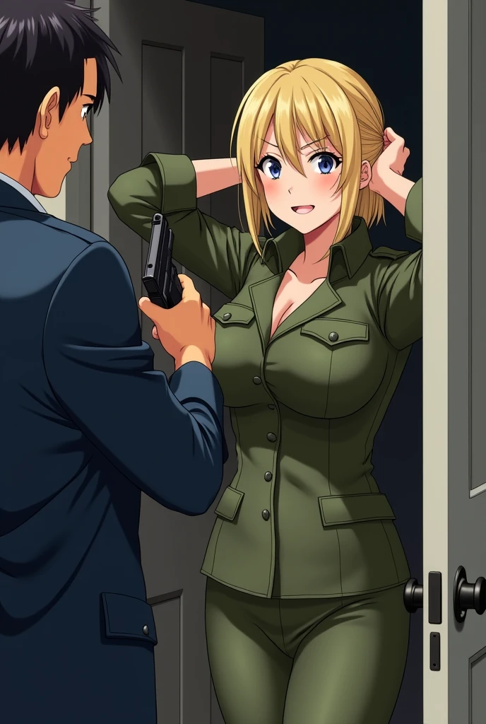 source_anime, rating_explicit, score_9, score_8_up, score_7_up, blonde_hair, goth, gothic, short_hair, looking at viewer, crop top, skirt, thighhighs, black clotges, hellsing,  seras Victoria, goth girl, ikuchan,  face, sinister, scheming, green eyes, smirk, standing, indoors, bedroom, fancy wallpaper, 1boy, cuckold, large male, ((size difference)), male head out of frame, front view, light skinned male, pale skinned male, ntr, netorare, standing side by side, standing, giant penio, penis, hunis, giant mchubby male