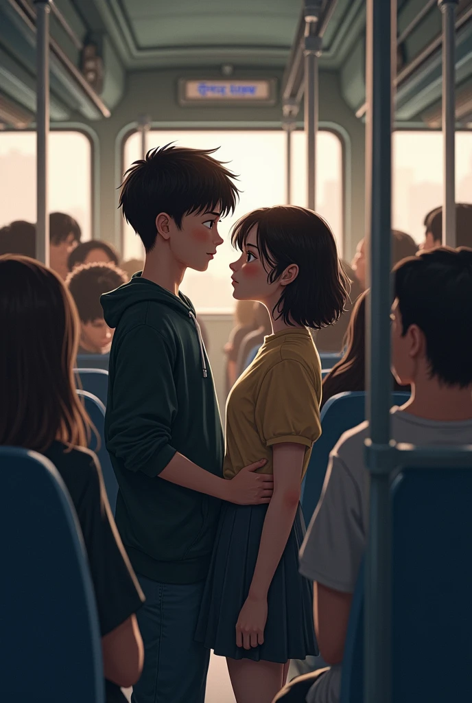 A 18 year old boy hugging her girlfriend in railway station