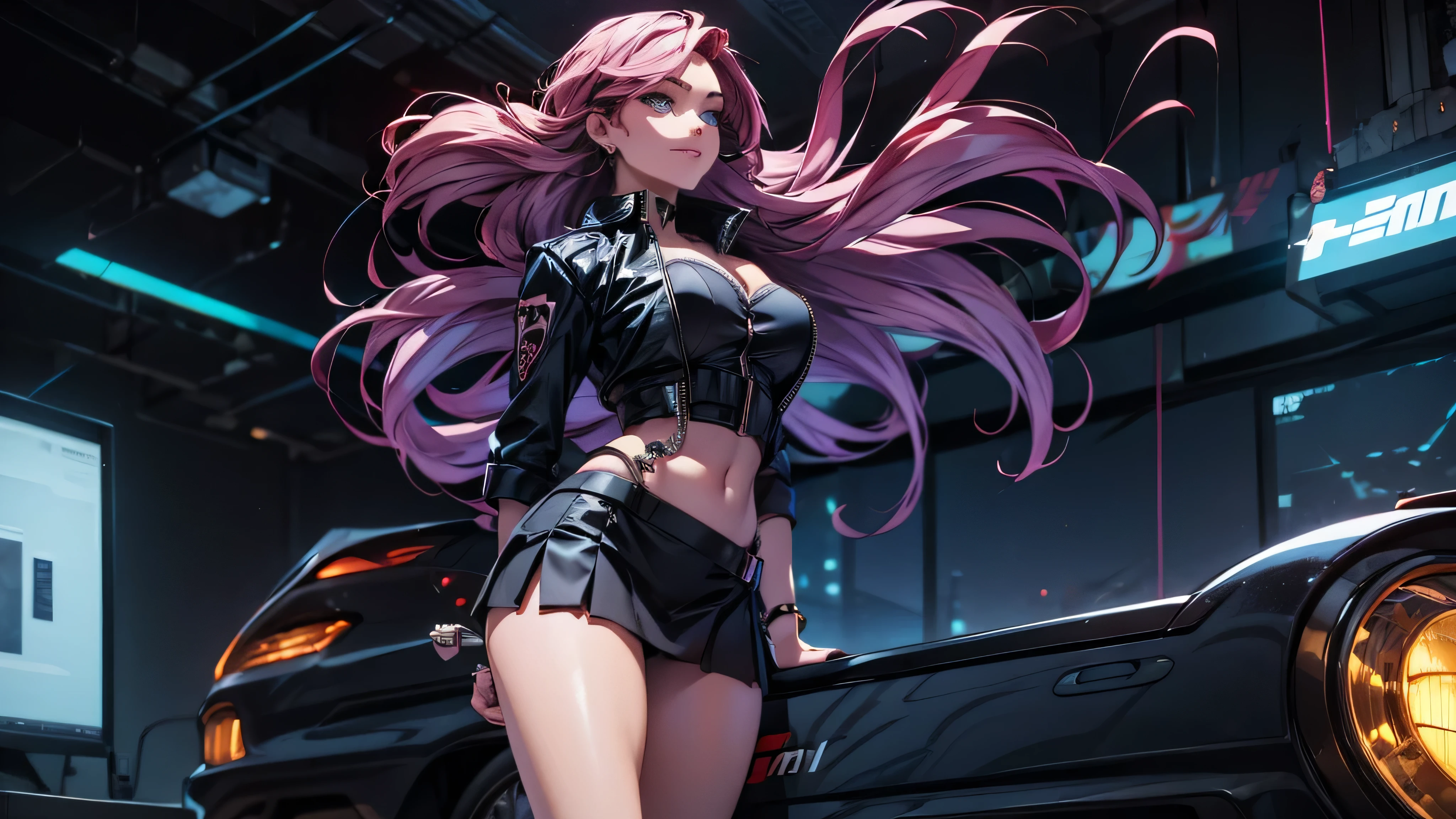 ((masterpiece, best quality)), ((1girl)), (solo), (realistic), (female focus), (skinny), (goth girl), (purple hair, very long hair), futuristic, eyeshadow, mascara, long eyelashes, large blue eyes, looking at viewer, light smile, goth, cyberpunk, sexy, (buttoned shirt), (button gap)), (short skirt)), standing, cyberpunk background, arms behind back, dynamic angle,