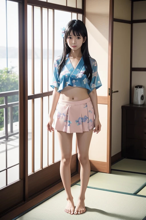 in old-japan town,yukata-top,white thong-look loincloth,18-year-old,bangs,a little smile,thighs,crotch,knees,short cut hair,pigtail,from below