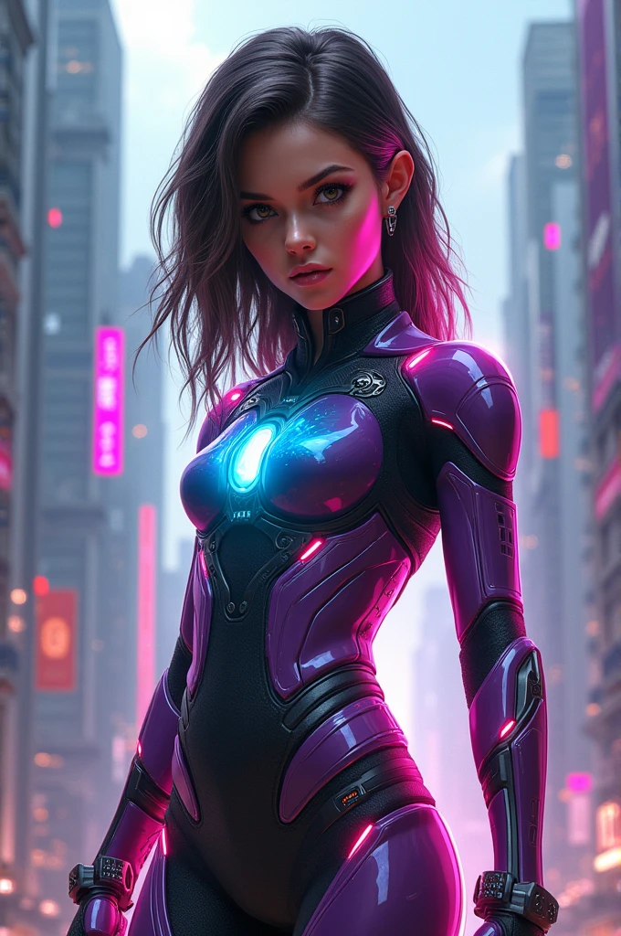 ((best quality)), ((masterpiece)), (detailed), (realistic), (photoreal), 1girl, (full body image), (Proportionate body), (clothing details), (beautiful face), (vibrant colors), (sexy action pose), (side view), (back view), human, female, athletic thin body, tan skin, Puerto Rican, black wavy curly hair in ponytail, (small gold earrings), futuristic cyber armor, Volumetric Lighting, Reflections, Glossy, sexy toned butt, looking at viewer, purple and gray clothes, cyber castle background, (dull green eyes), (revealing clothing), barely clothed, thong, see-through, smirk