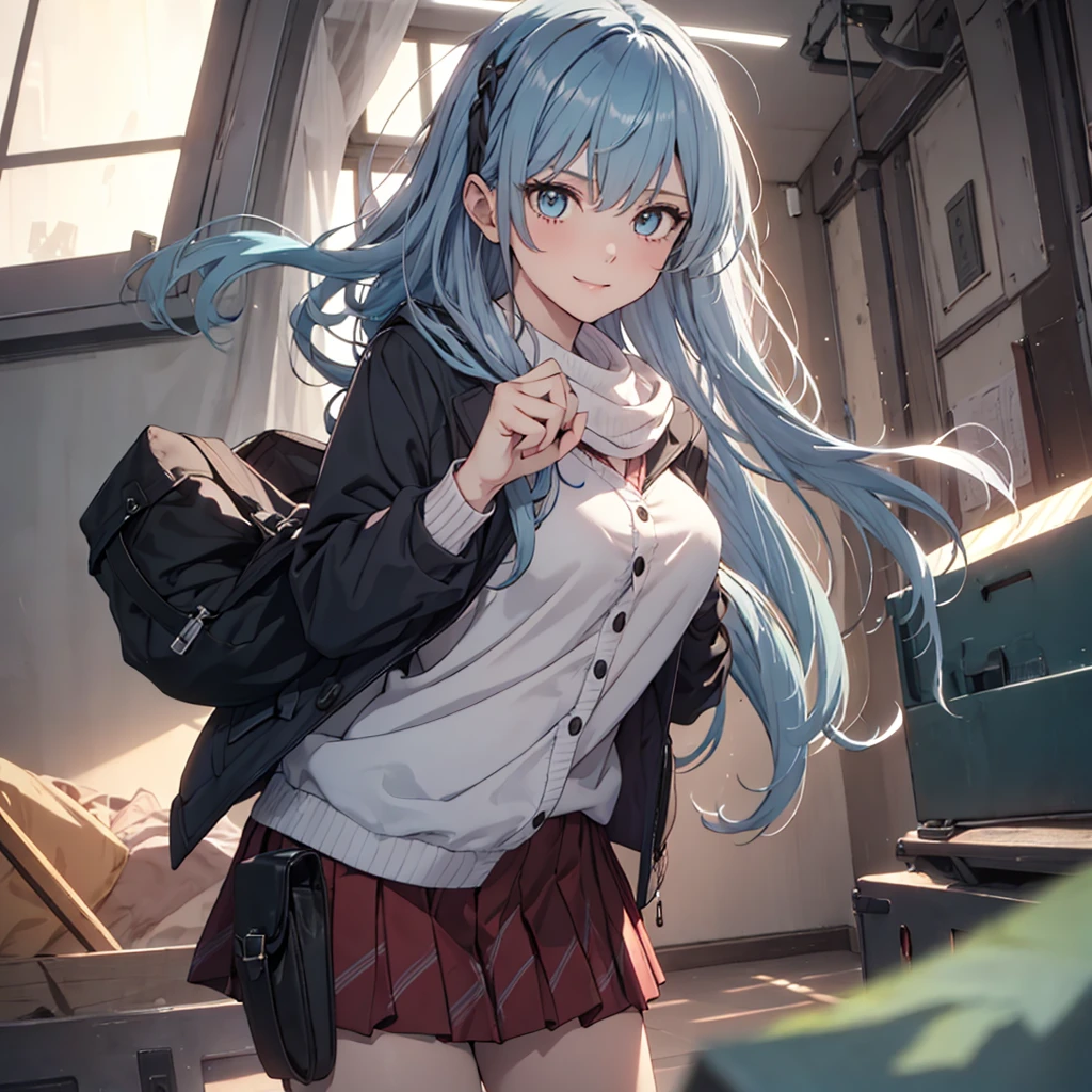 ((masterpiece,best quality)), highres, extremely detailed 8K wallpaper, depth_of_field, best shadow, (Colorful),(Delicate eyes and face), nice hand, Perfect hands, (no lighting), Ray tracing, BREAK (1girl), long hair, (light blue hair), green eyes, medium breasts, bangs, confident smile, BREAK, standing, BREAK, Cowboy Shots and knee, school corriror, school hallway, hand resting on hip, sharp eyes, jacket, blouse, miniskirt, tights, headband, (solo)