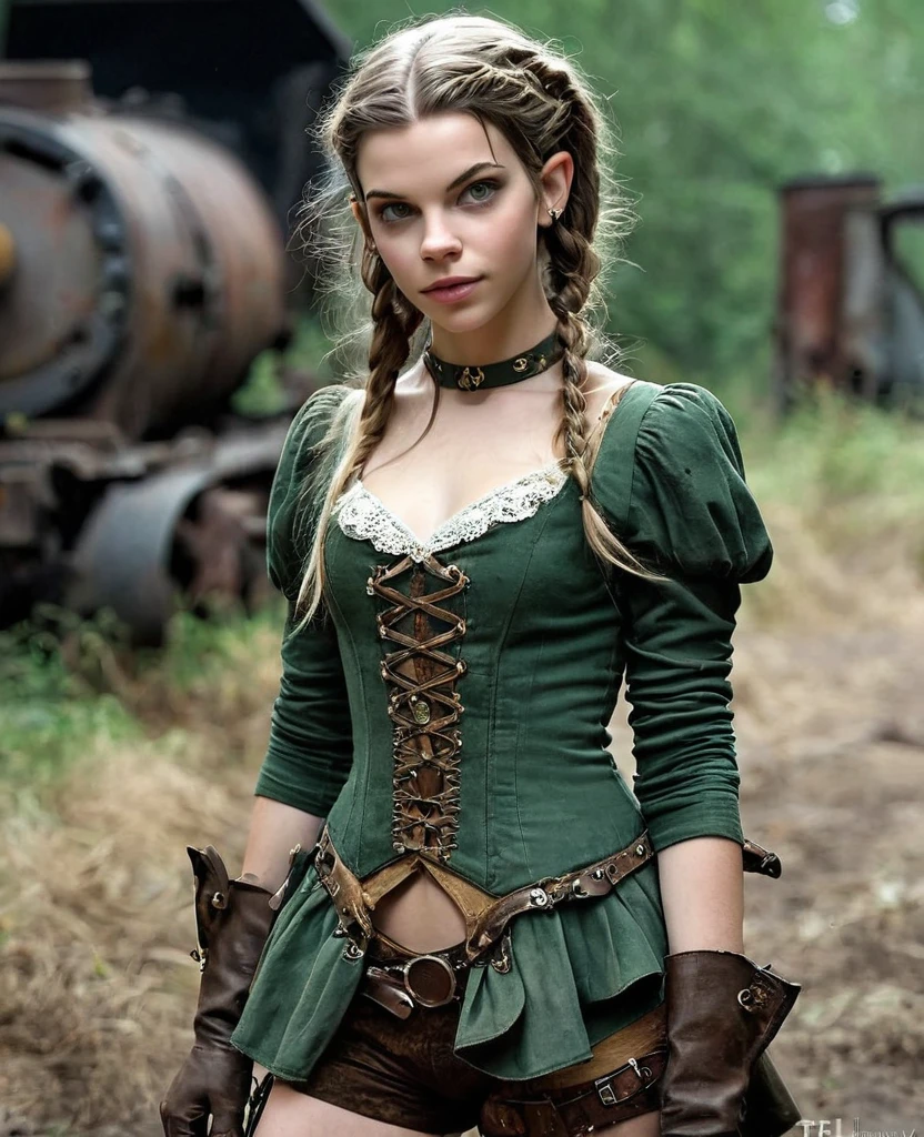 cute elf, (teenage elf  with extremely cute eyes)), (((elf))), ((((high resolution))), (((extremely detailed))), ((masterpiece)), looks like Anya Taylor-Joy/Liv Tyler, dramatic shadows, depth of field, analog photo style, (world in which are collide steampunk and post-apocalyptic vibes), post-apocalyptic cute female in steampunk aesthetic, torn dirty clothes, depth of field, full body shot, unzoomed, (perfect body: 1.4), (sidecut short hairstyle), (stalking is quite common, although not the best way to make a living), stylized atmosphere of unreality, dark atmosphere, dynamic pose, in motion, Armageddon, increase cinematic lighting, highly lifelike skin texture, parted lips, weary eyes, fine eyes, whitened skin, random hair colour, doomsday aura